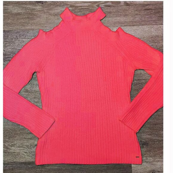 RARE Vntg Guess Ribbed Cut Out Cold Shoulder knit Sweater Salmon Pink Barbiecore - Picture 5 of 15